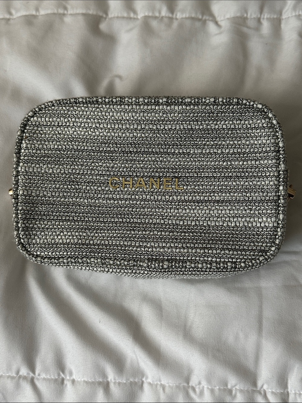 CHANEL Metallic Silver Tweed Makeup Bag